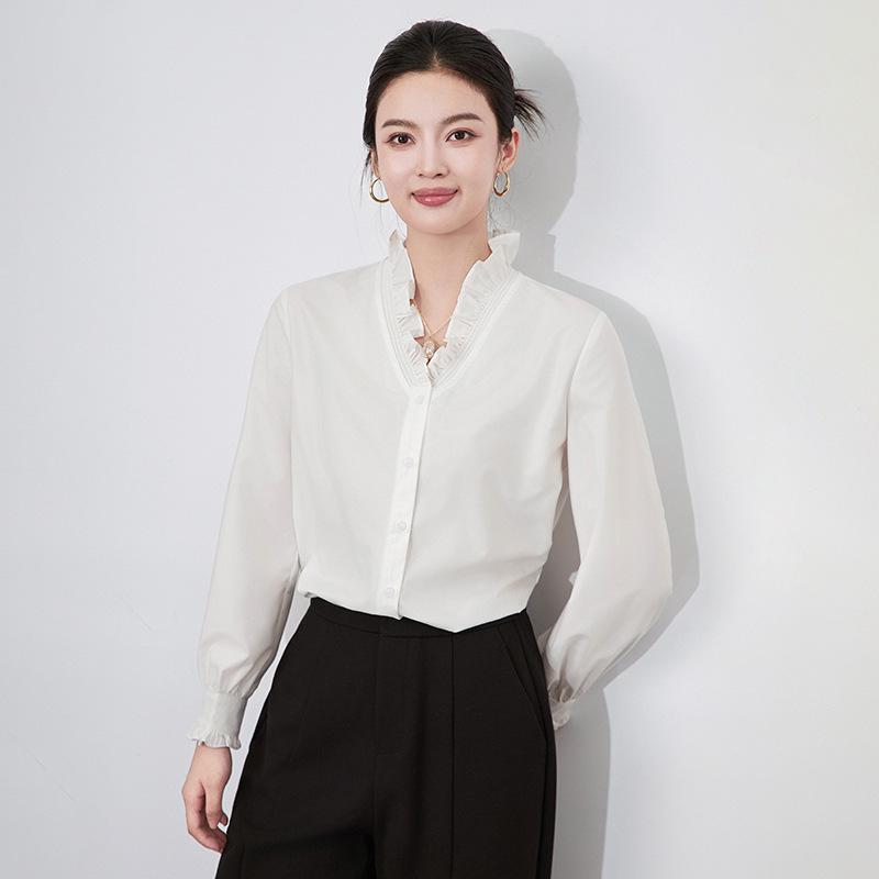 

High-End Exquisite V-Neck Ruffle Edge Lace Sleeve Women s Autumn/Winter Top Small