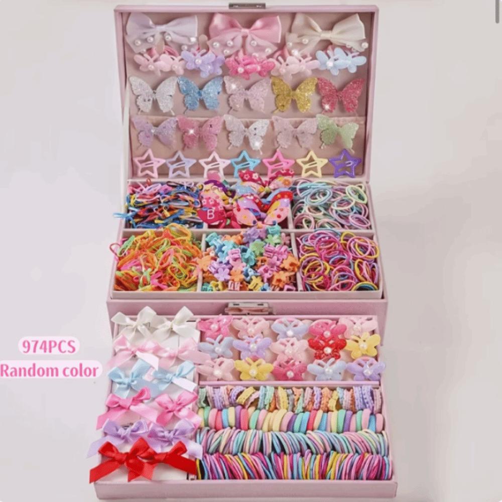 234/287/718/974pcs Elastic Rubber Butterfly Hairpins Flowers Style Kids Hair Ties Kit  Gift Giving