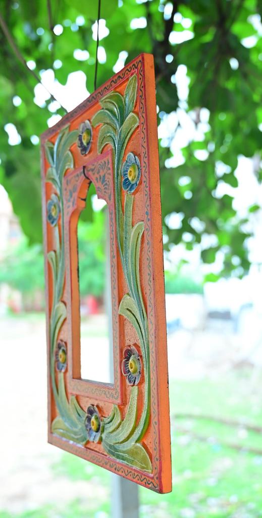 Hand Carved Vibrant Orange Wooden Jharokha Wall Decor: Painted Flower Design Indian Frame