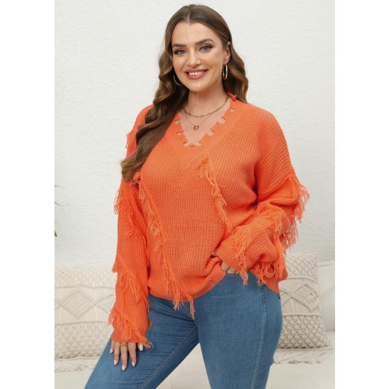 

Женский свитер-пуловер в стиле пэчворк с V-образным вырезом и бахромой большого размера в осеннем стиле 3XL оранжевый