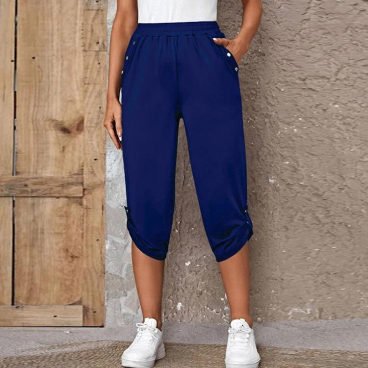 

Summer Women Cropped Pants Elastic Waist with Pockets Button S синий