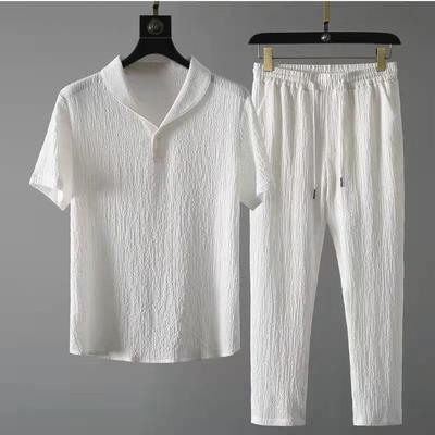 Shirt+Trousers Two Piece Set Summer Men Cotton Linen Suit Fashion Classic Shirts Male Business Casual Beach Tshirts Outfits