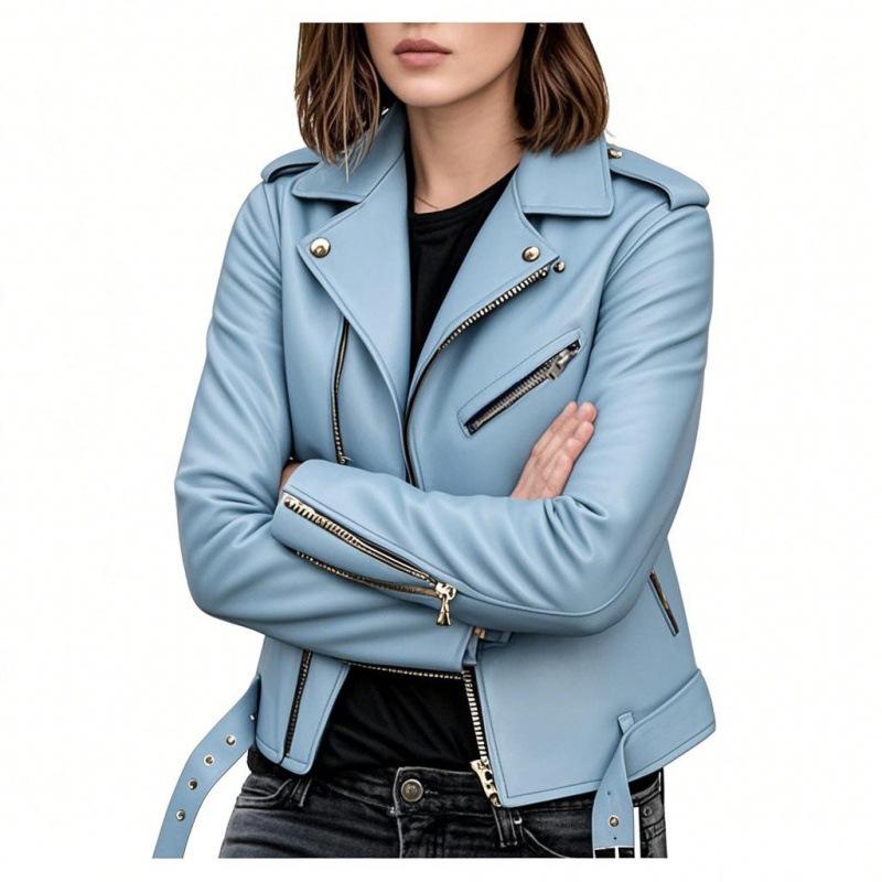 Womens Short Biker Jacket with Zipper and Button Detail Multiple Colors