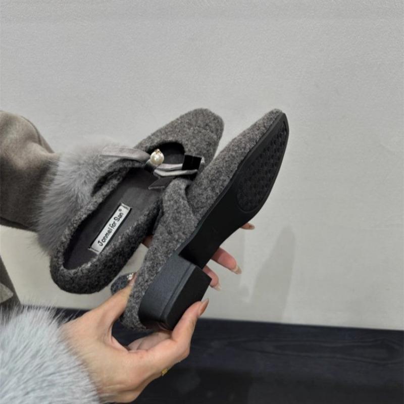 Winter Square with Cotton Shoes Women's Square Head Shallow Mouth Butterfly Knot Soft Sole Non-slip Low Top Shoes