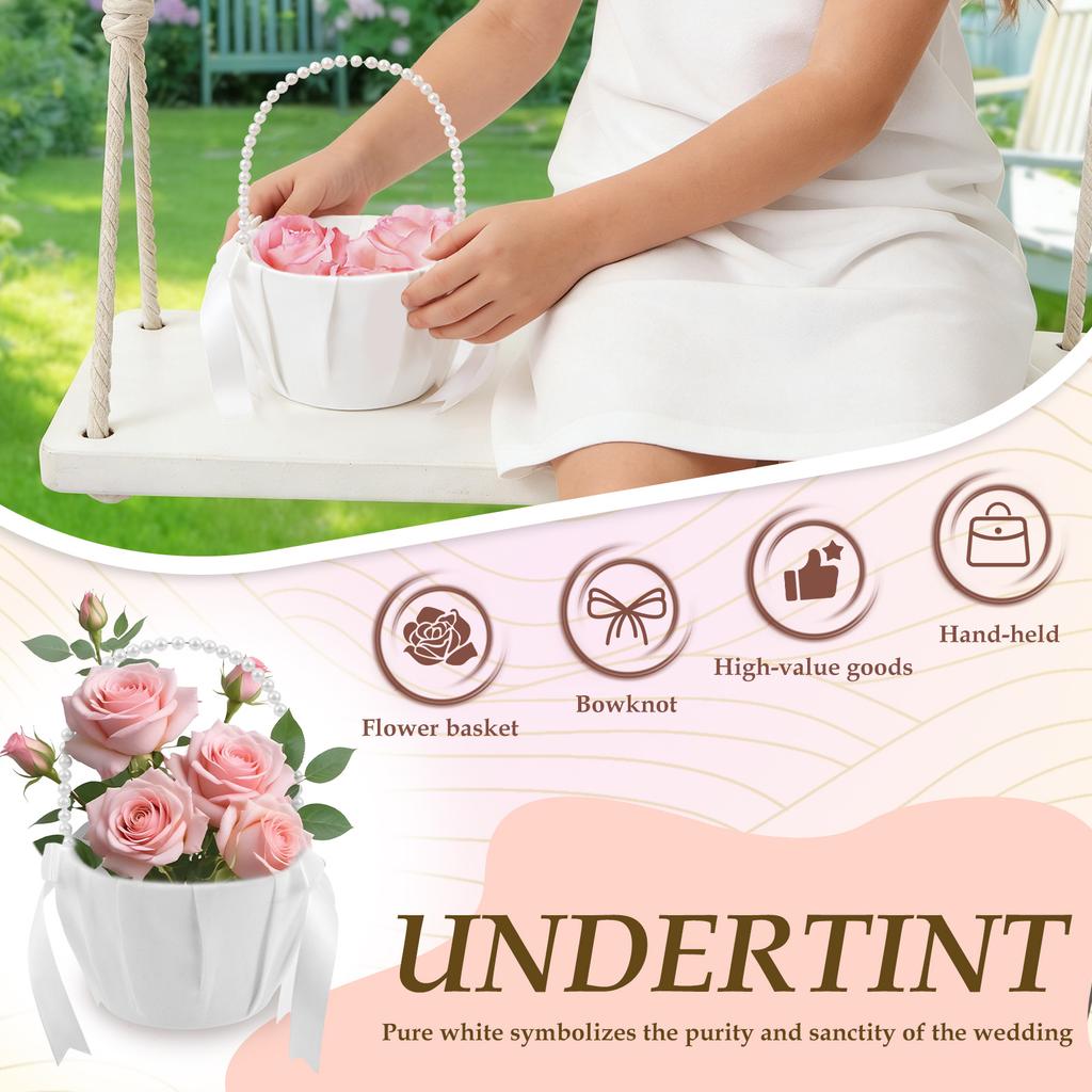 2Pcs Wedding Flower Girl Basket Bowknot Satin Western Rustic with Faux Pearl Handle For Bride/Kids Wedding Ceremony Decorations