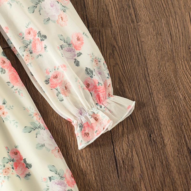 Dívčí šaty Dětské oblečení Podzim a zima Nový styl Květinový potisk Dlouhý rukáv Dívka 8-12Y Princeznovské šaty