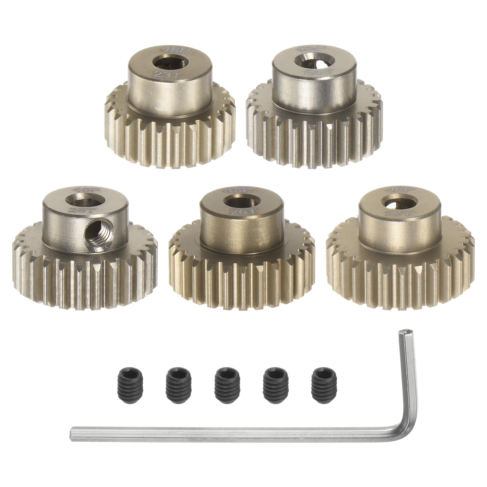 

uxcell 48P Pinion Gear Set, 3.175mm (18 ) Shaft, 23T, 24T, 25T, 26T, 27T, Aluminum Alloy Motor Gear with Step for 110 RC Car (5 Pieces)