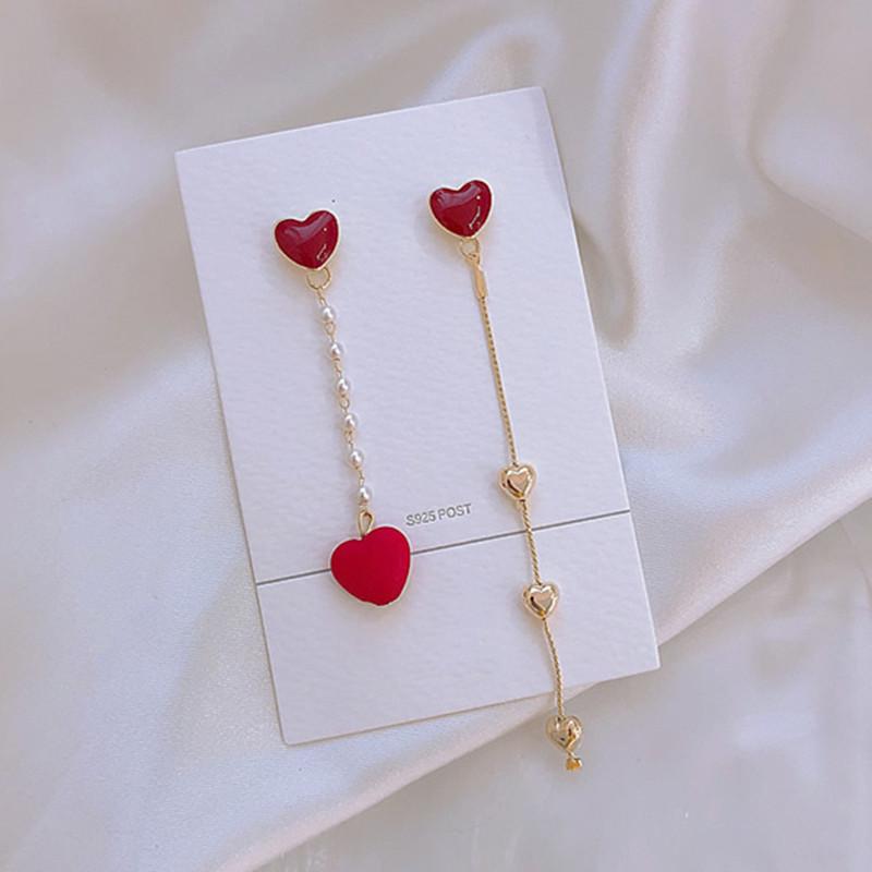 High Quality Elegant Red Drop Glaze Love Heart 925 Silver Needle Ladies Tassel Stud Earrings Jewelry Anti Allergy