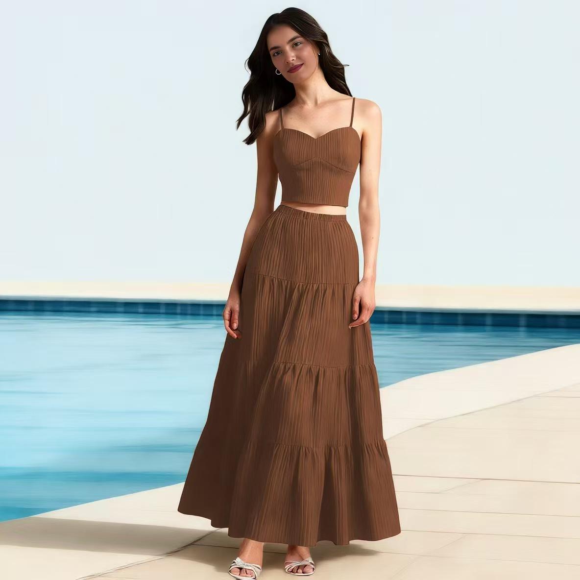 

European & American Ruffled Camisole Two-Piece Set with Flowy Midi Skirt (2026 Summer Collection) Extra Small коричневий
