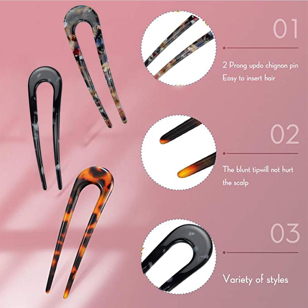 TsLinc 10 Pcs French Style Cellulose Acetate Tortoise Shell U Shaped Hair Pin Fork 2 Prong Updo Chignon Pin U-shaped Hair Pins Stick for Women Girls