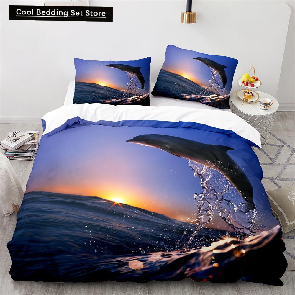 Delfin Bettbezug King Queen Größe Liebliches Meeresleben Bettwäscheset für Kinder Jungen Mädchen Niedliches Ozeantier 2/3-teilig Polyester Steppdeckenbezug