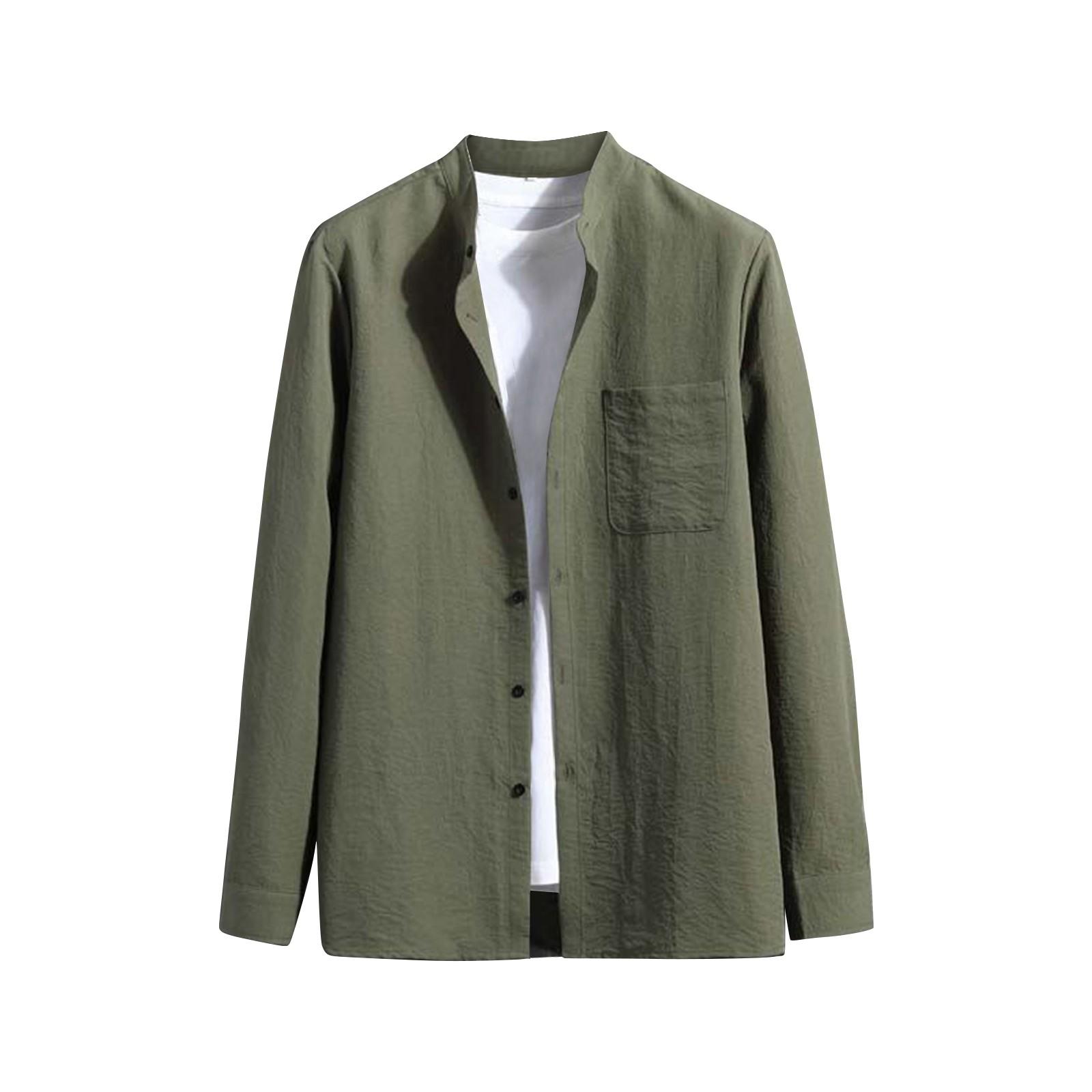 

Мужская осенняя рубашка свободного покроя с плиссировкой на пуговицах, однотонная, с воротником-стойкой и длинным рукавом One Size