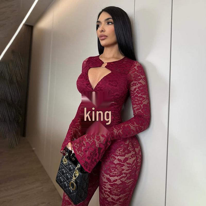 2025 Fall/Winter European American Style Long Sleeve Hollow Out Buckle Top & Sexy Lace Pants Set