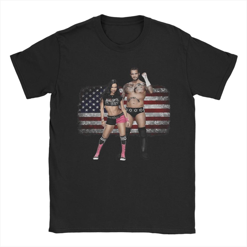 Men's T-Shirts Aj Lee CM Punk Wrestling Humorous Cotton Tees Short Sleeve USA Flag T Shirt O Neck Clothes Printed