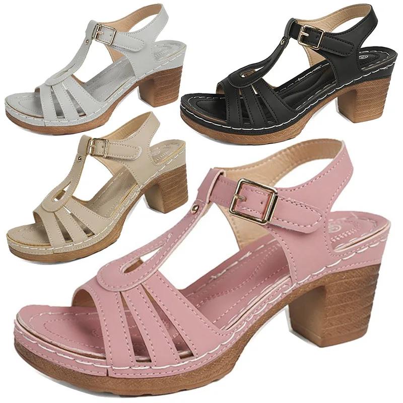 SyfIyno New Women's Metal Buckle Sewn Sandals Thick High Heels Comfortable Large Size 36-43