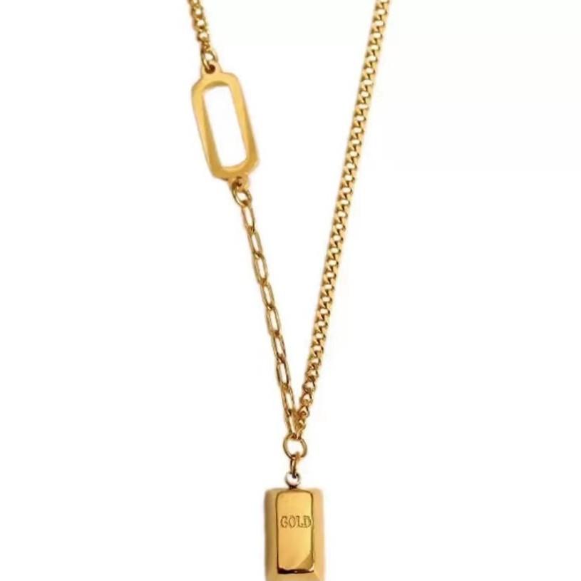 Rich Little Gold Brick Necklace for Women Good Luck Gold Small Gold Bar Clavicle Chain Golden Square Pendant