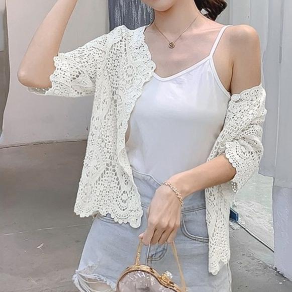 Summer Shawl Cardigan womenThin Hollow Knit Coat Short Blouse Sunscreen Shirt