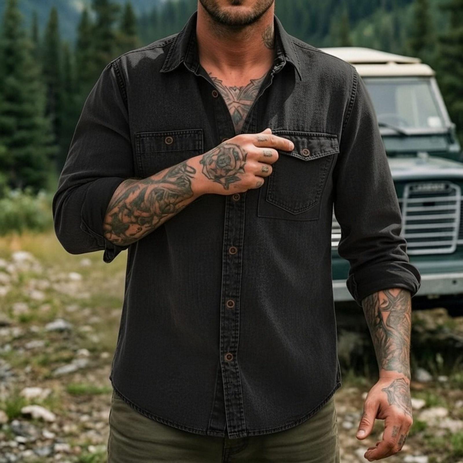Men s casual stylish short-sleeved button-down shirt - Men s breathable cotton-like linen retro work shirt XXL чёрный