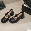 Fashion Mary Jane Single Shoes Autumn New Round Toe Shallow Bow One Strap Platform Non-Slip Heels