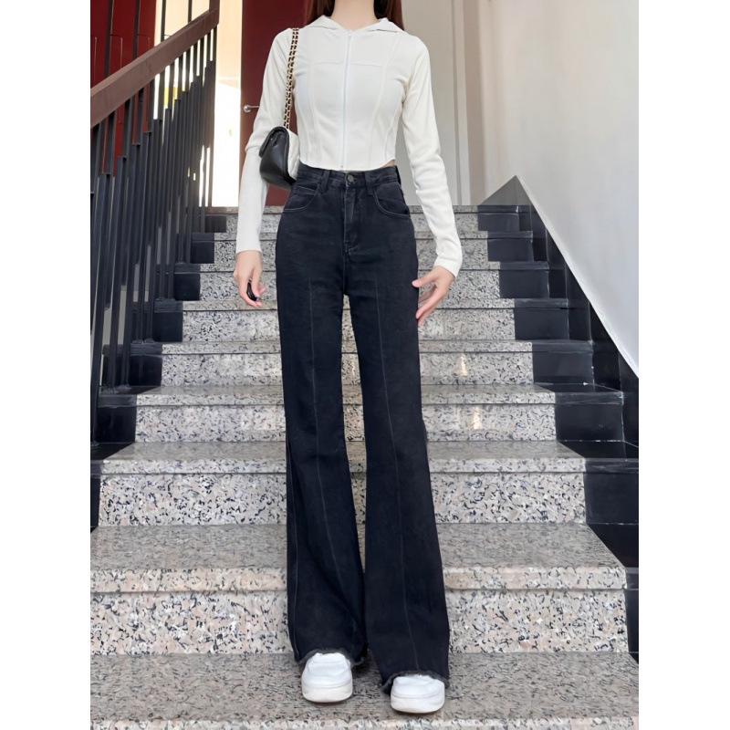 High-Waisted Retro Frayed Micro-Flare Jeans for Women Small черный серый