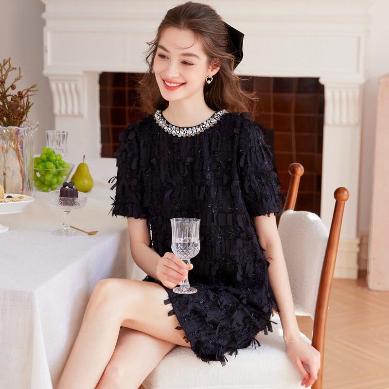 Bailuyu Elegant Beaded & Cut-Out Floral Short Sleeve Dress S