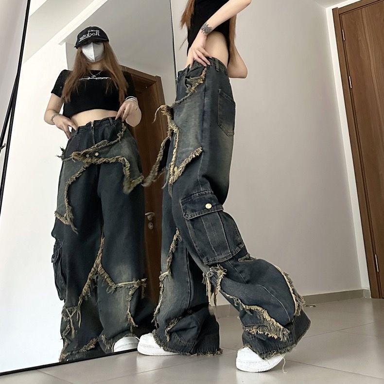Vintage High Street Wide Leg Jeans American Retro Style Loose Fit Denim Pants Women Spring Summer