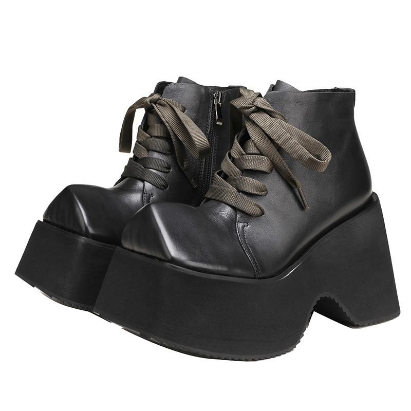 Johnature Retro 10CM Thick Sole Shoes Women's Square Toe Genuine Leather Lace Up Platform Short Boots