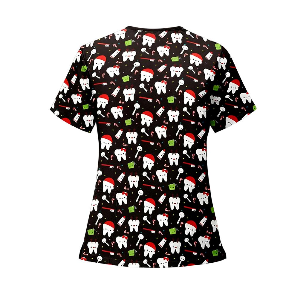 Women's Loose Short Sleeved Fashionable Tooth Pattern Printing V-neck Buttonable Side Slit Top T-shirt