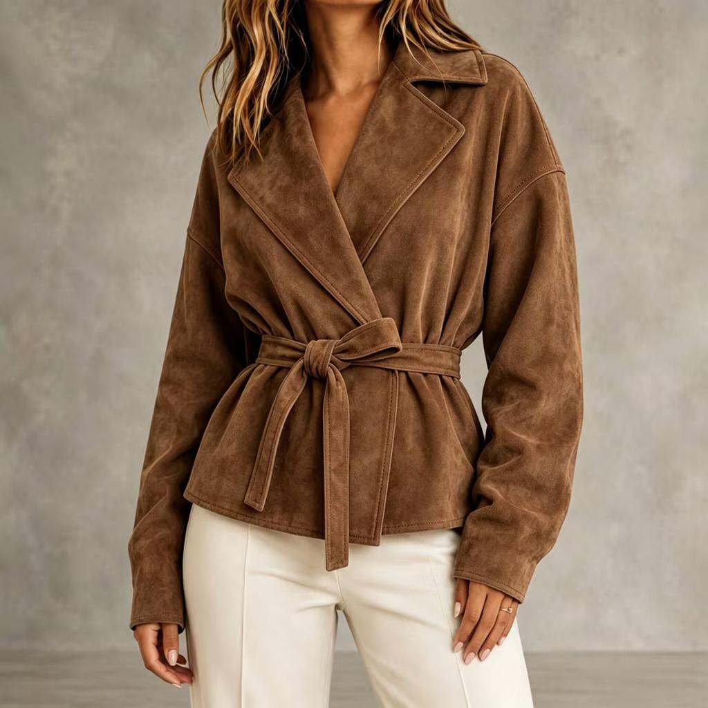 Giacca da Donna in Ecopelle con Collo a Revers e Cintura in Vita per Uso Quotidiano Casual