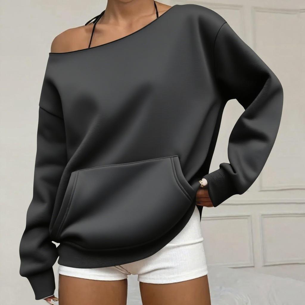 Women's Off Shoulder Long Sleeve Sweatshirt Loose Fit Streetwear Pullover Top
