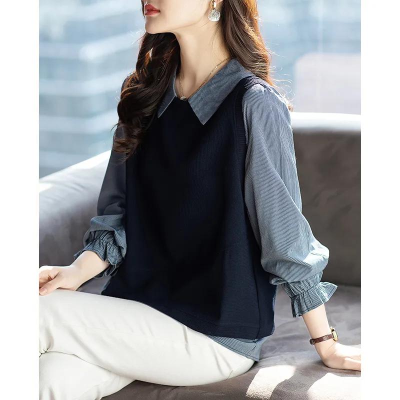 Dwuczęściowy wygląd Bluza z kapturem z długim rękawem w blokach kolorystycznych Wiosna Jesień Nowy styl Luźny pulower Modny wszechstronny design Damski top