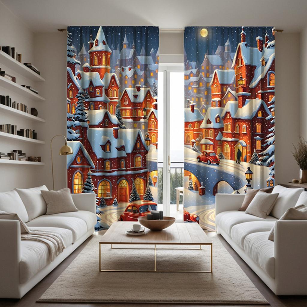 2pcs HD Post-Snow Christmas Castle City Decoration Curtain White Tie Digital Printed Curtain Home Decoration Style Decoration