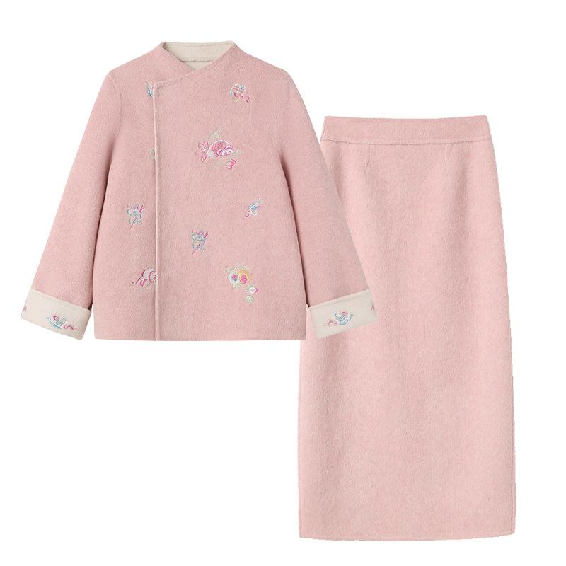 Winter new Chinese embroidered double-sided woolen top, national style retro woolen jacket + skirt set NY117