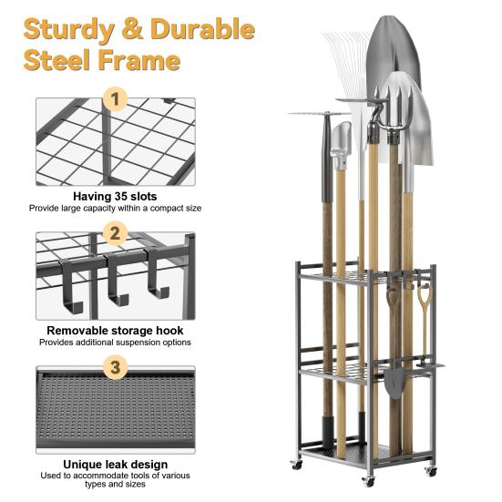 Garden Organizer Tool Organizer, 35-Slot Steel Rolling Rack with Wheels, Adjustable Feet Yard Sturdy Holder for Shovels, Rakes, Brooms and
