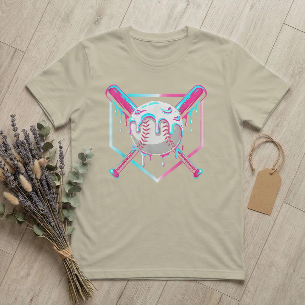 Hipster Baseball Sport Ice Cream Drip TShirts for Unisex Round Collar Pure Cotton T Shirts Funny Meme Short Sleeve Tees Clothing