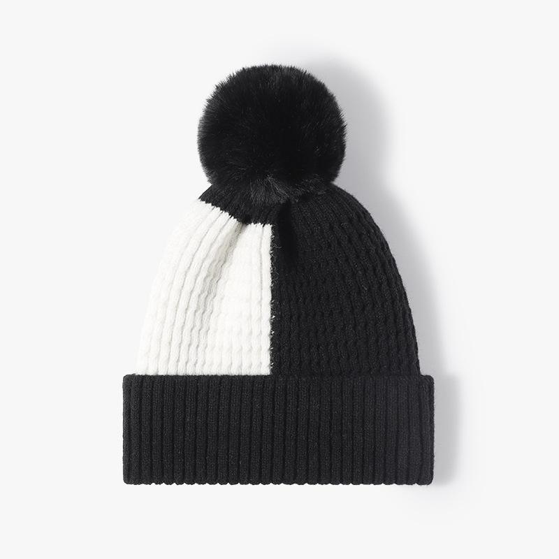 Hat, Female, Autumn and Winter with Fur Ball, Warm and Thickened, Padded Knitted Cap, Fashion Color Blocking, Outdoor Woolen Cap