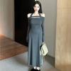 Sexy Pure Desire Style Spice Girl Long-sleeved Dress Women's Autumn New One-word Shoulder Neck High Waist Medium and Long Skirt Tide