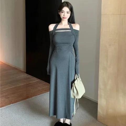 Sexy pure desire style Spice girl long-sleeved dress women s autumn new one-word shoulder neck high waist medium and long skirt tide S серый