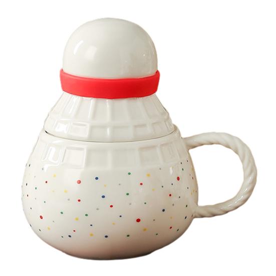 

Sports Themed Ceramic Mug with Lid And Spoon Badminton Football Basketball Coffee Tea Cup Unique Gift for Sports Lovers A
