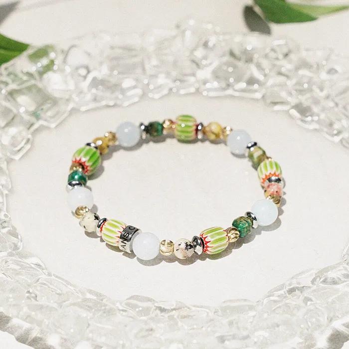 Gold Brass Point Aqua Ethnic Glass Mix Gemstone Bracelet (C2501AC1244_GN)