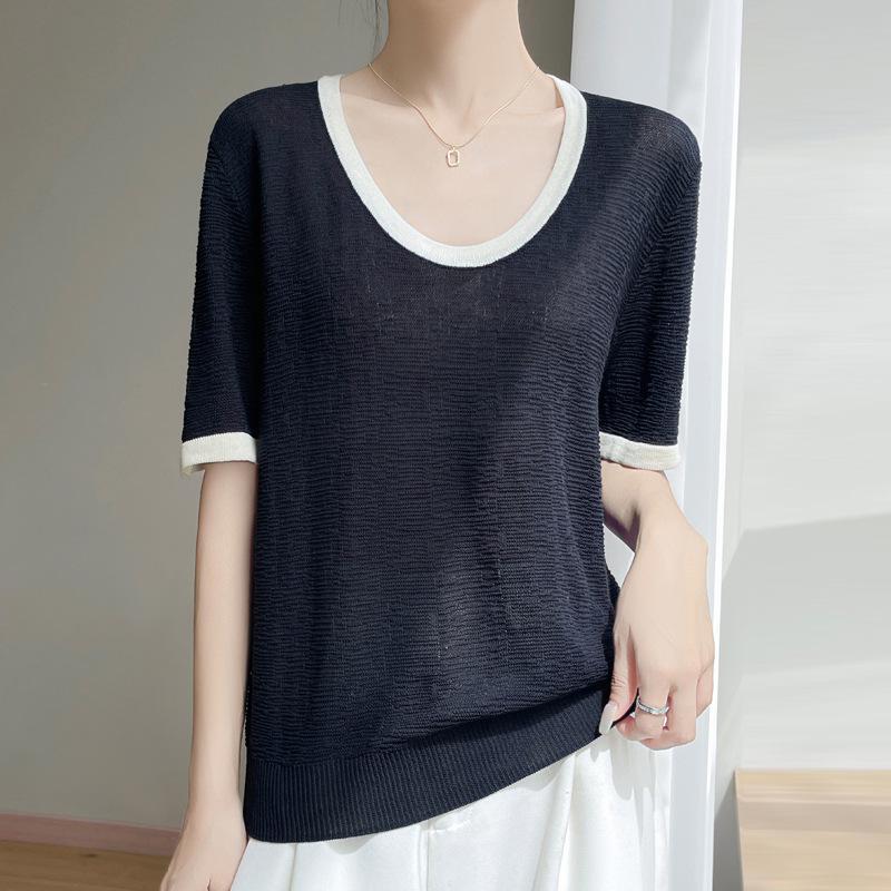 Bamboo-joint Linen Round-neck Contrasting Color Knitted Short-sleeved Summer New Versatile U-neck T-shirt Thin Top