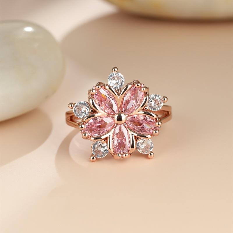 Cherry blossom pink zircon diamond flower ring simple niche creative design ring