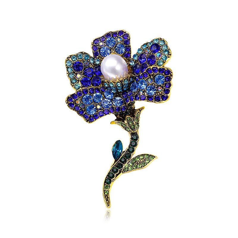 

SKEDS Luxury Full Crystal Flower Pearl Pines Brooches For Women Men Vintage Lady Gorgeous Rhinestone Plant Badges Jewelry синий