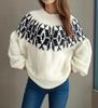 New retro jacquard sweater for women's wish hot selling round neck color blocked loose pullover knitted sweater for women 3532 EMA