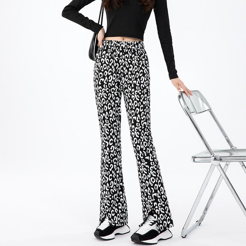 Grey Flared Pants Women's Trousers Autumn and Winter New High-waisted Split Checkerboard Drooping Feeling Lazy Wind Straight Casual Trousers