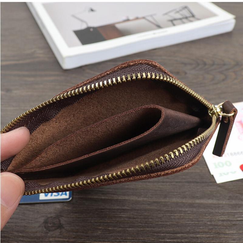 Handmade Crazy Horse Leather Wallet Retro Small Coin Money Bags Simple Wallets Zipper Pouch Card Holdes