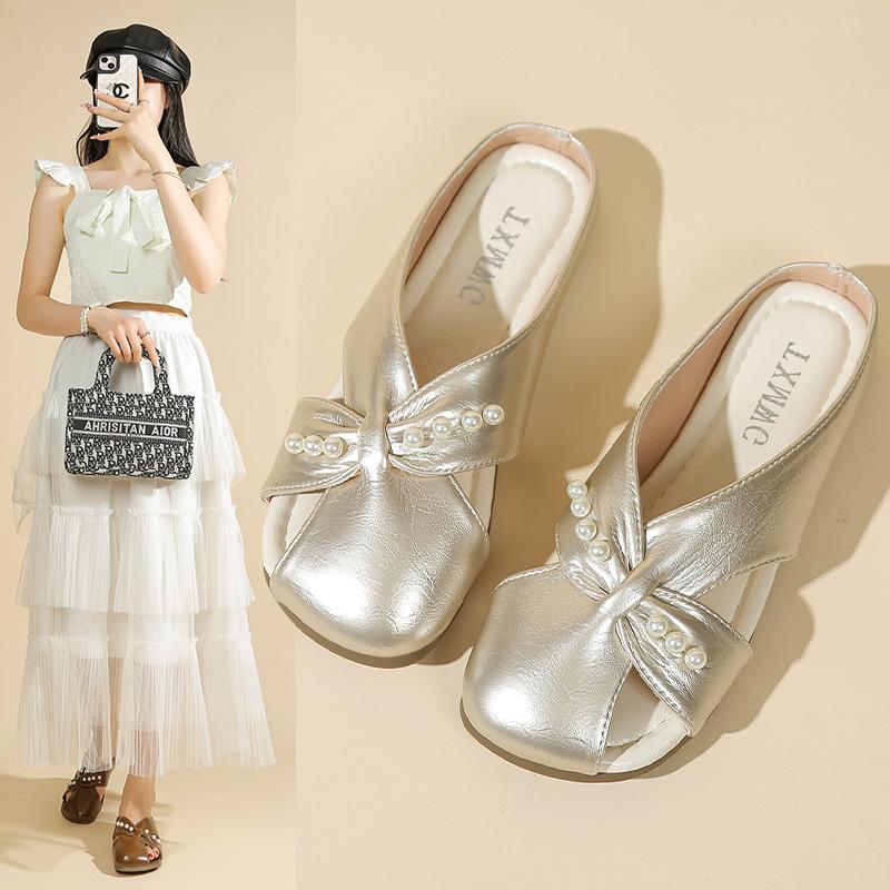 Baotou half slippers women's 2025 summer new outer wear one pedal low heel cool slippers French flat bottom outer wear hollow