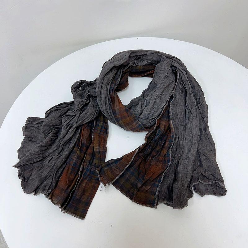 Johnature Cachecol Japonês Feminino Patchwork Vintage Cor de Destaque Elegante Quente Plissado Outono Inverno Cachecol Xale