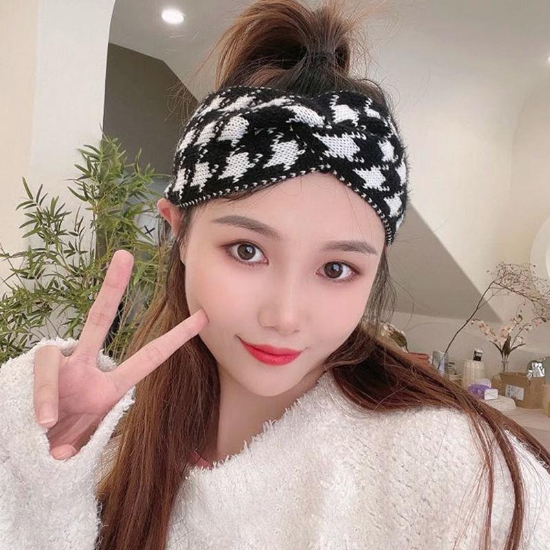 New Headgear, Thousand Bird Grid Wool Hair Band, Women's Wide Edge Confinement Bag Headscarf, Cross Autumn and Winter Go Out Headband