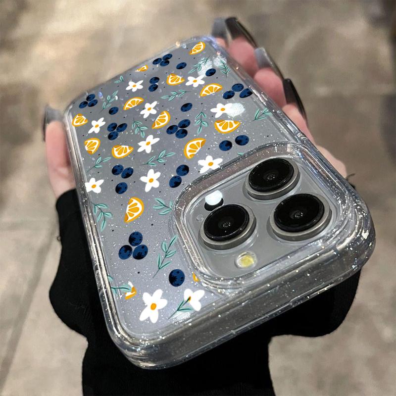 Transparent Blueberry Lemon Floral Phone Case for iPhone 17 Pro Max Air 16 15 14 13 12 11 Pro Max 7 8 Plus XS XR X Glitter Cover